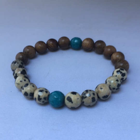 Dalmatian Jasper, Jade & Wood Handmade Bracelet - Picture 7 of 8